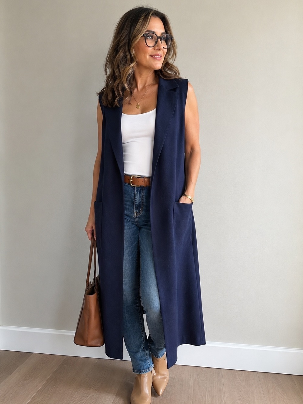 Chapter Club Sleeveless Navy Duster Vest Long Open Front With Pockets